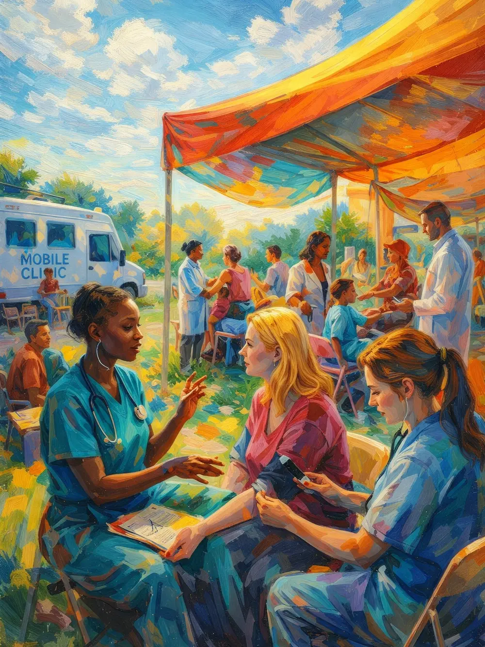 Painterly illustration of nurses providing care to community members at a mobile street clinic under a bright tent