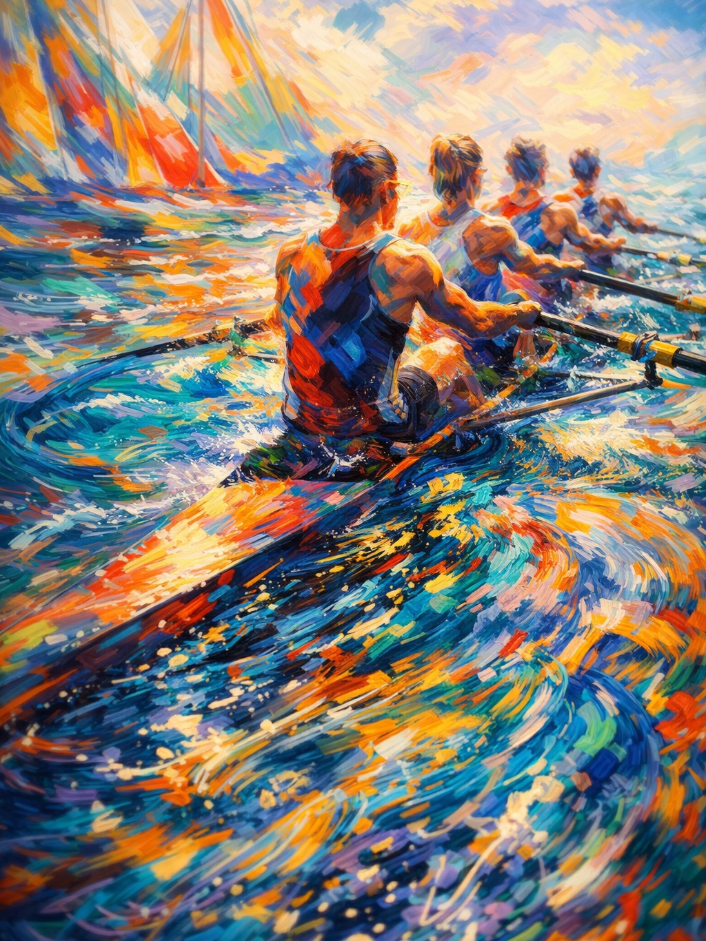 Painterly illustration of a rowing team working together in sync on the water