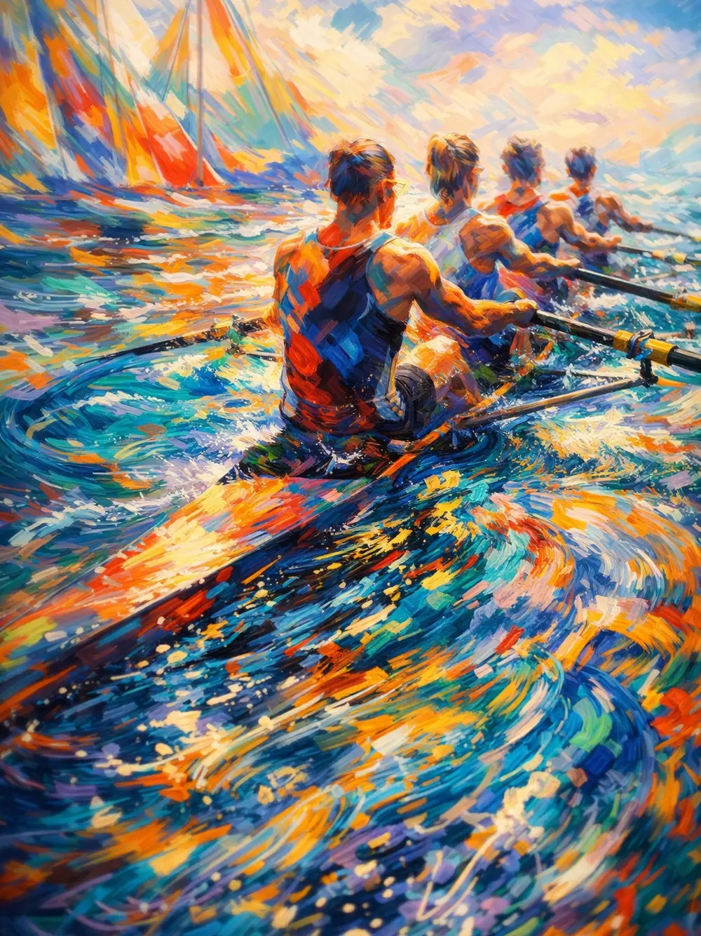 Painterly illustration of a rowing team working together in sync on the water